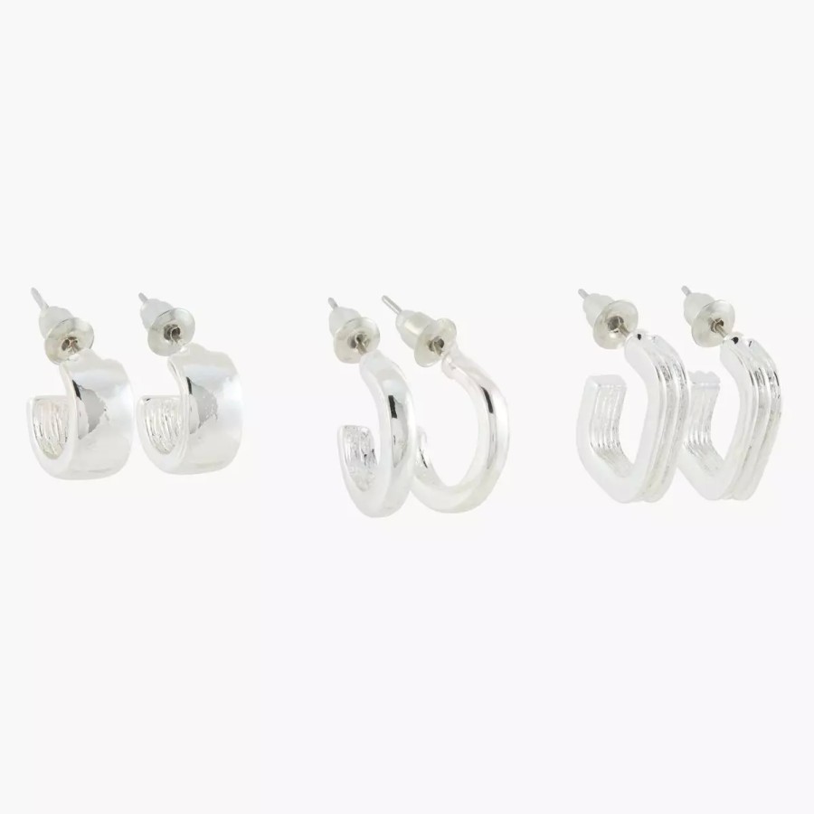 Hot Set De 3 Petites Creoles Rondes Et Carrees Silver Touch Boucles D'Oreilles