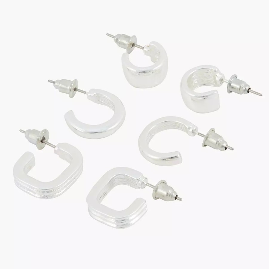 Hot Set De 3 Petites Creoles Rondes Et Carrees Silver Touch Boucles D'Oreilles