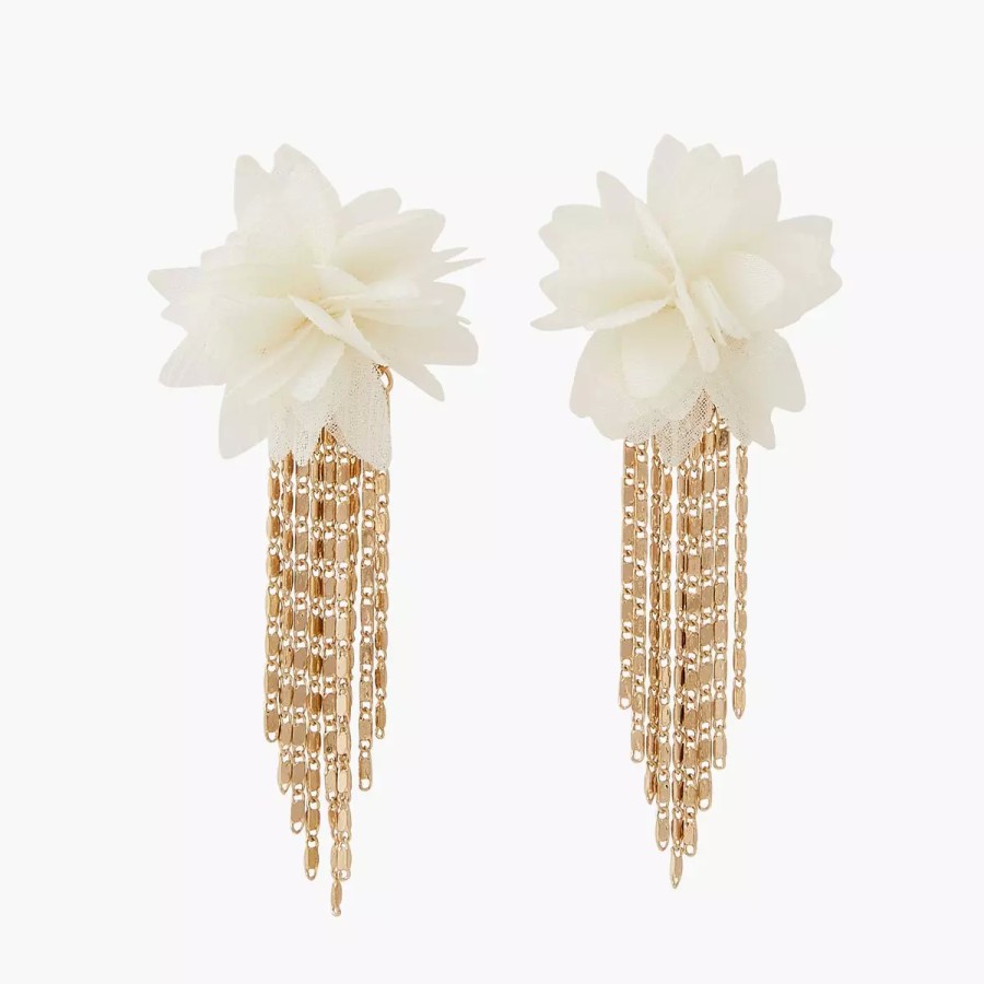 Hot Boucles D'Oreilles Fleurs Et Chainettes - Blanc Et Dore Boucles D'Oreilles