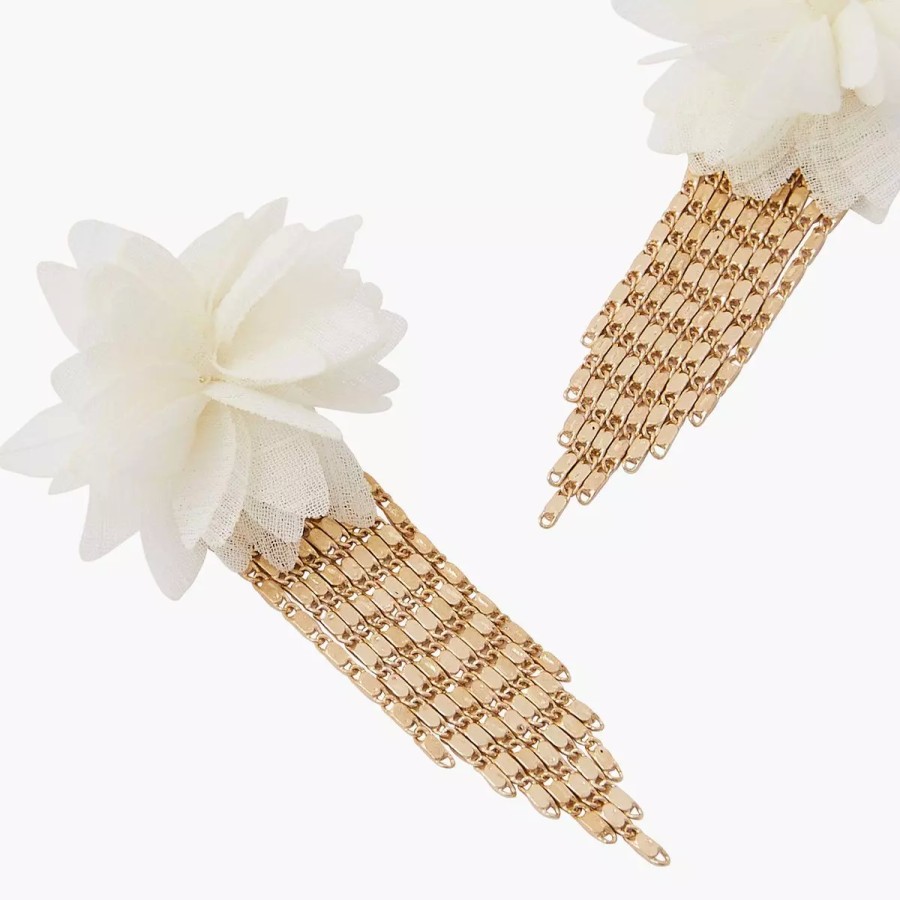 Hot Boucles D'Oreilles Fleurs Et Chainettes - Blanc Et Dore Boucles D'Oreilles