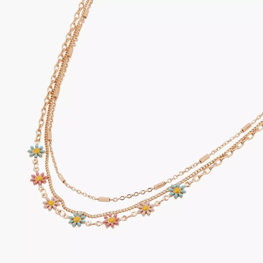 Hot Collier 3 Rangs Chaine Et Fleurs Emaillees Pastel Prairy Colliers