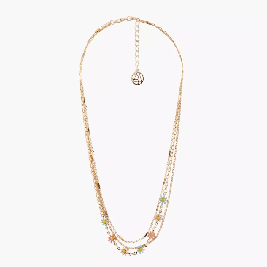 Hot Collier 3 Rangs Chaine Et Fleurs Emaillees Pastel Prairy Colliers