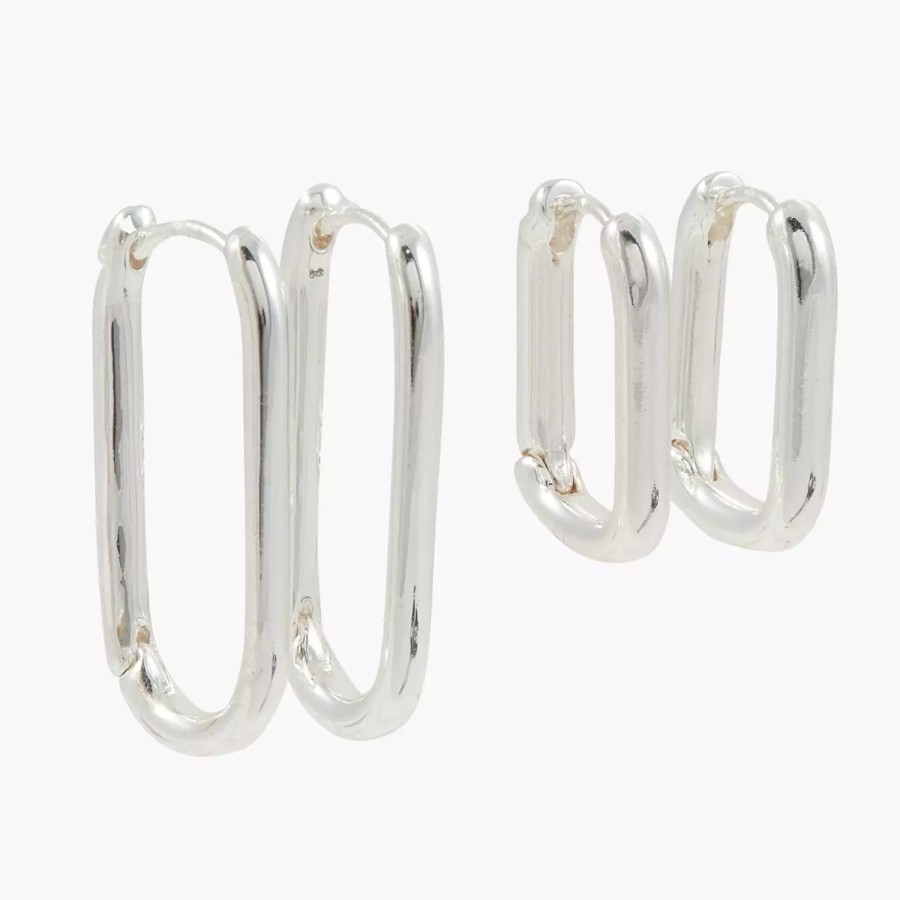 Clearance Set De 2 Creoles Rectangles - Argente Boucles D'Oreilles