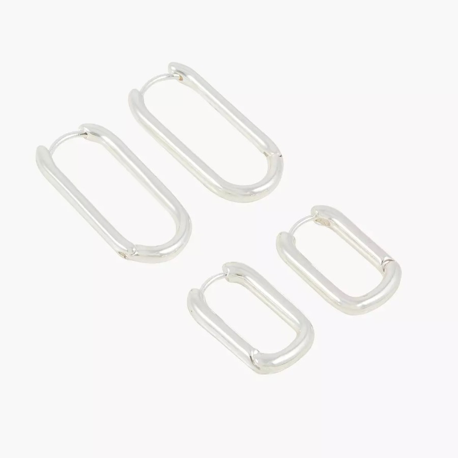 Clearance Set De 2 Creoles Rectangles - Argente Boucles D'Oreilles