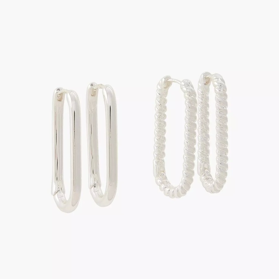 New Set De 2 Creoles Rectangles - Argente Boucles D'Oreilles