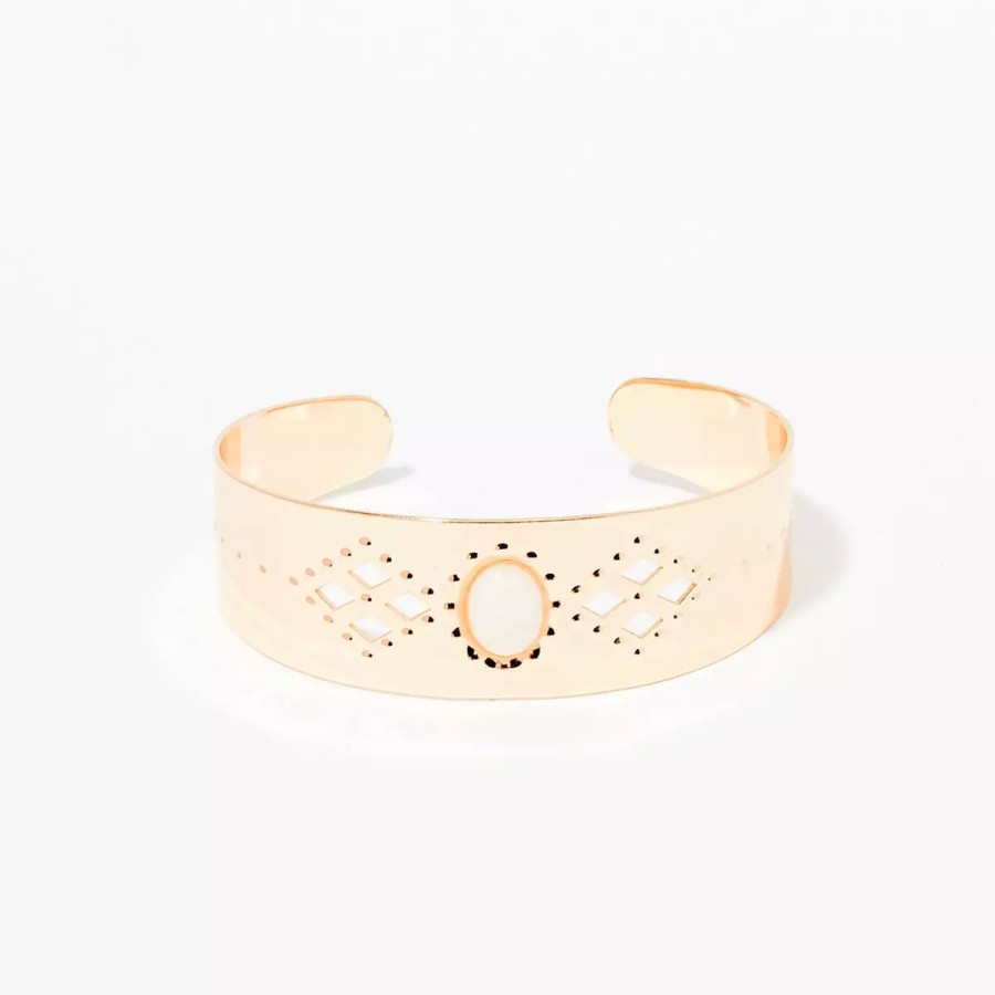 Best Manchette Ajouree Avec Pierre De Quartz Blanc - Dore Bracelets